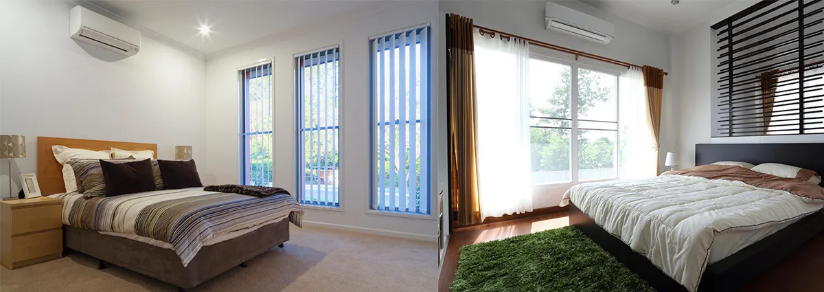 A bedroom featuring a wall mounted air conditioning unit.